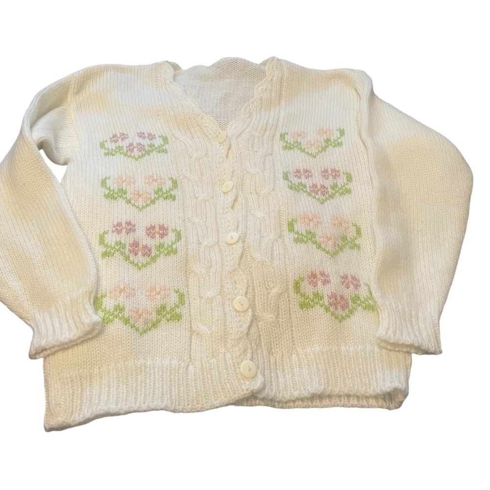 Hand Knit Cream Cable Knit Button Down Sweater/Scalloped Edge V-Neck- Size M - Picture 5 of 11